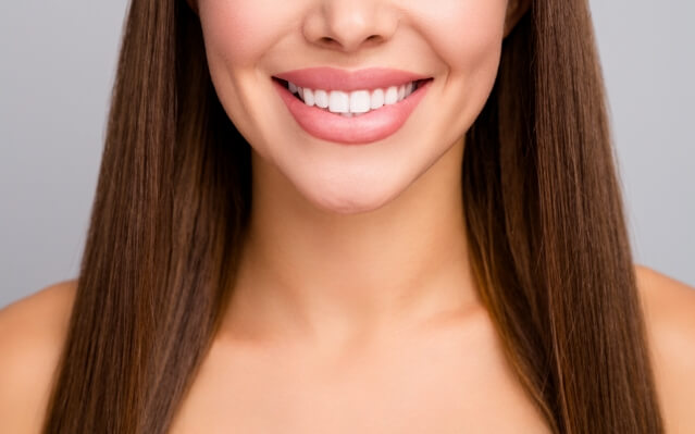 Closeup of smile after porcelain veneer cosmetic dentistry treatment